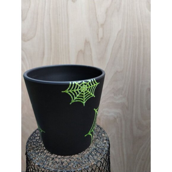 Black Plant Pot With Green Spider Web Design 5 Inches Halloween Themed Decor Pot - Picture 2 of 7